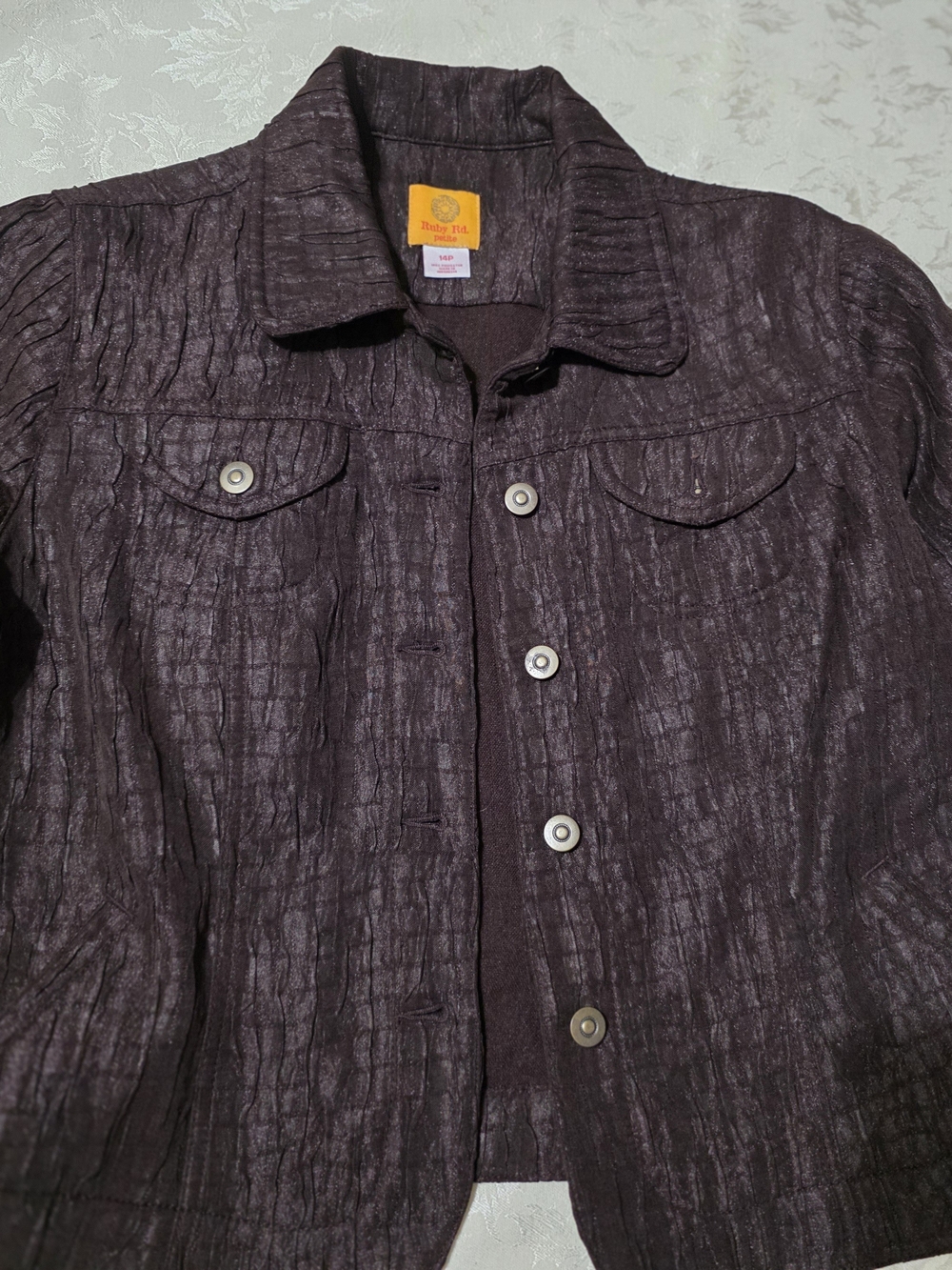 Ruby Rd. Crinkled Plum Button-Front Jean Jacket